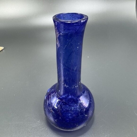 Vintage Egyptian Glass Cobalt Blue Mini Bud Vase Hand Blown With Air Bubbles VTG - Picture 10 of 11